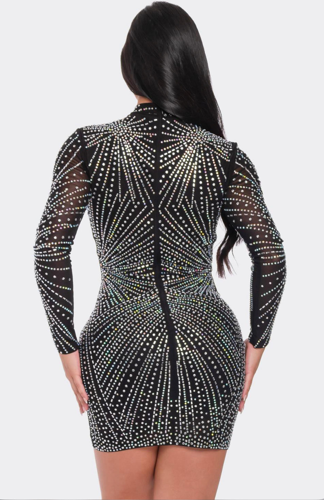 RHINESTONE MESH MOCK NECK BODYCON DRESS