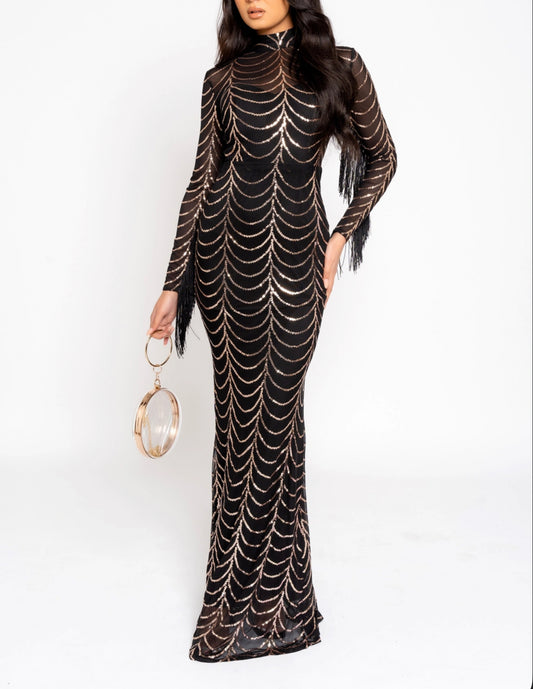 Hypnotic Black Gold Luxe Tassel Fringe Sequin Maxi Dress