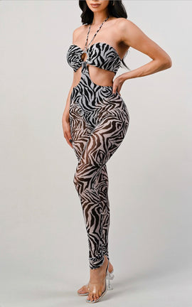 HALTER SWEETHEART BRA STRAP LINING RING TRIM IN THE MIDDLE ZEBRA MESH PRINT SIDE CUT OUT SKINNY PANTS JUMPSUIT (BATHING SUIT LINING INSIDE)