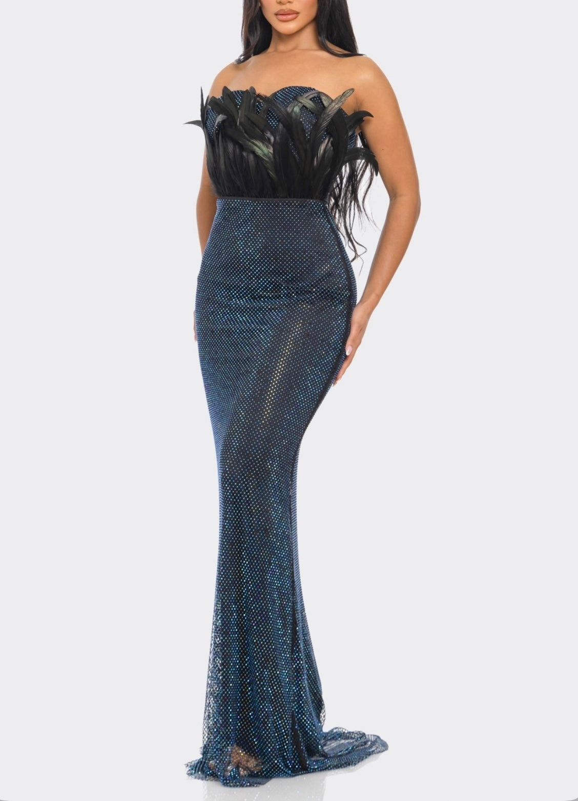 SPARKLY BLUE RHINESTONE OFF SHOULDER FEATHER DRESS