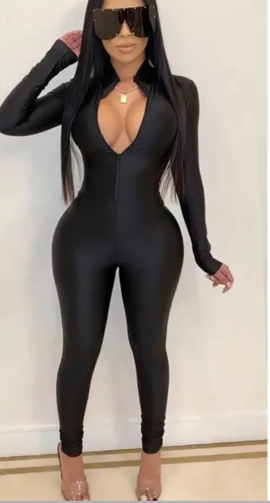 Shiny Front Zipper Stretch Catsuit