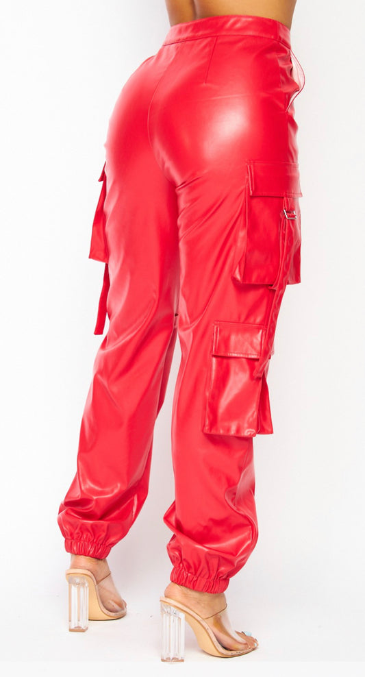 Faux Leather Cargo Pocket Jogger Pants- RED
