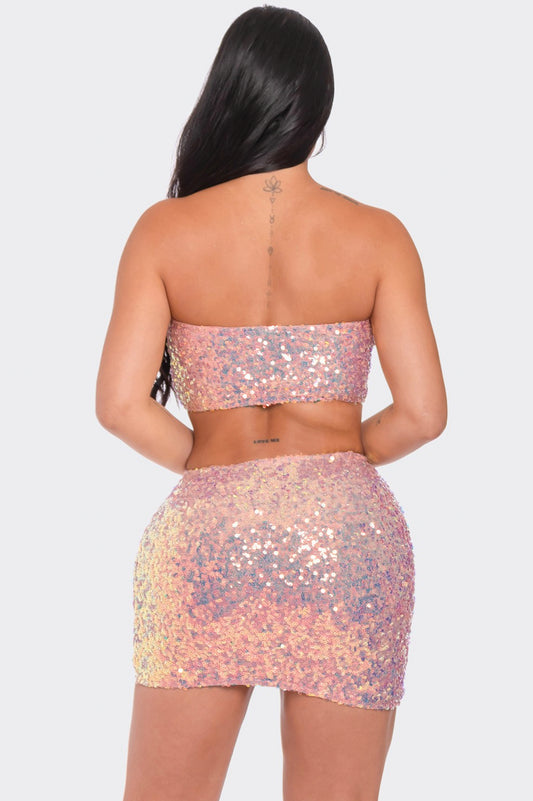 SEQUIN TUBE AND SKIRT SET- rose