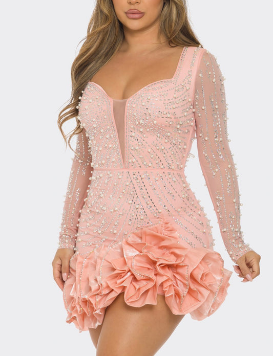 RHINESTONE/PEARL EMBELLISHED CORSAGE MINI DRESS