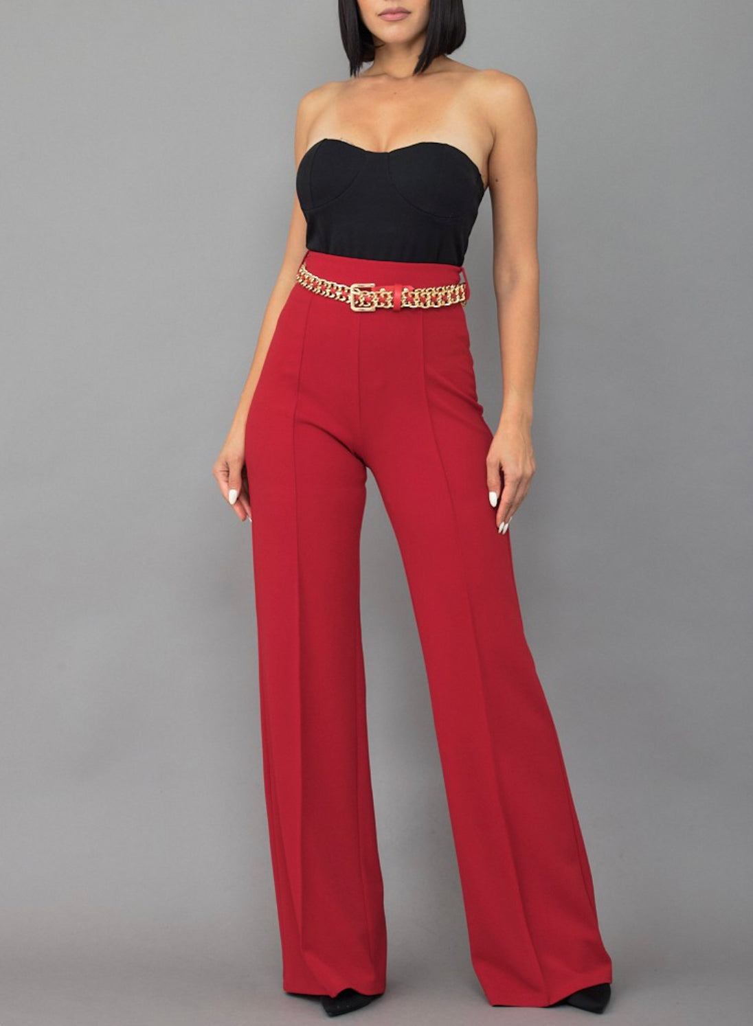 HIGH WAIST PANTS WITH CHAIN BELT DETAIL