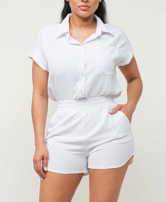 Button Down Pocket Loose Fit Top and Shorts Set
