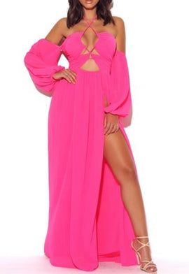 Once An Angel Hot Pink Slit Chiffon Maxi Dress