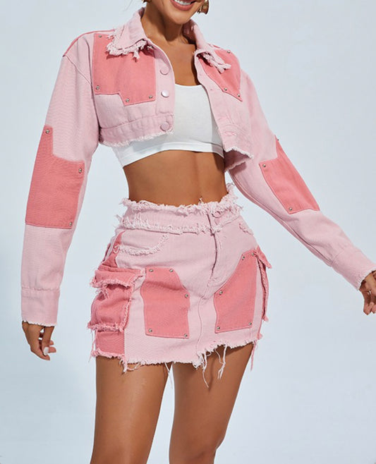 PINK CROPPED BUTTON FRONT DESIGN JACKET AND MINI SKIRT
