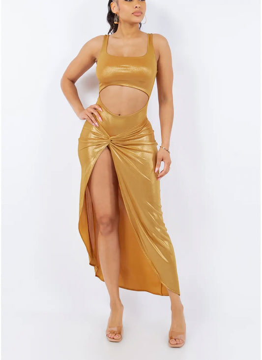 Gold Bodysuit Tie Skirt Set