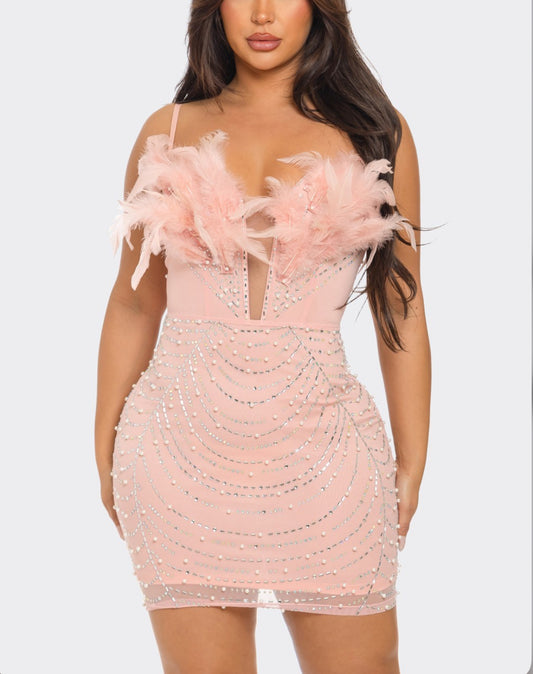 RHINESTONE/PEARL STUDDED FEATHER BODYCON DRESS