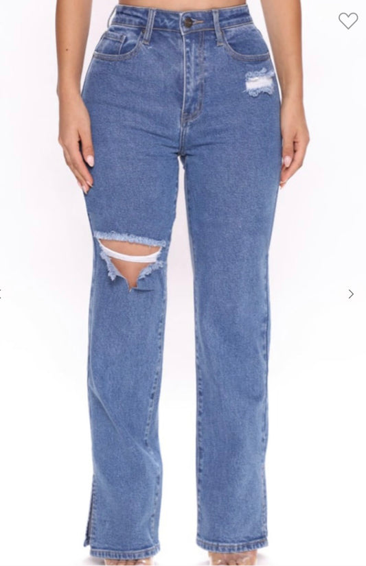 Distressed Straight Leg Denim Jeans