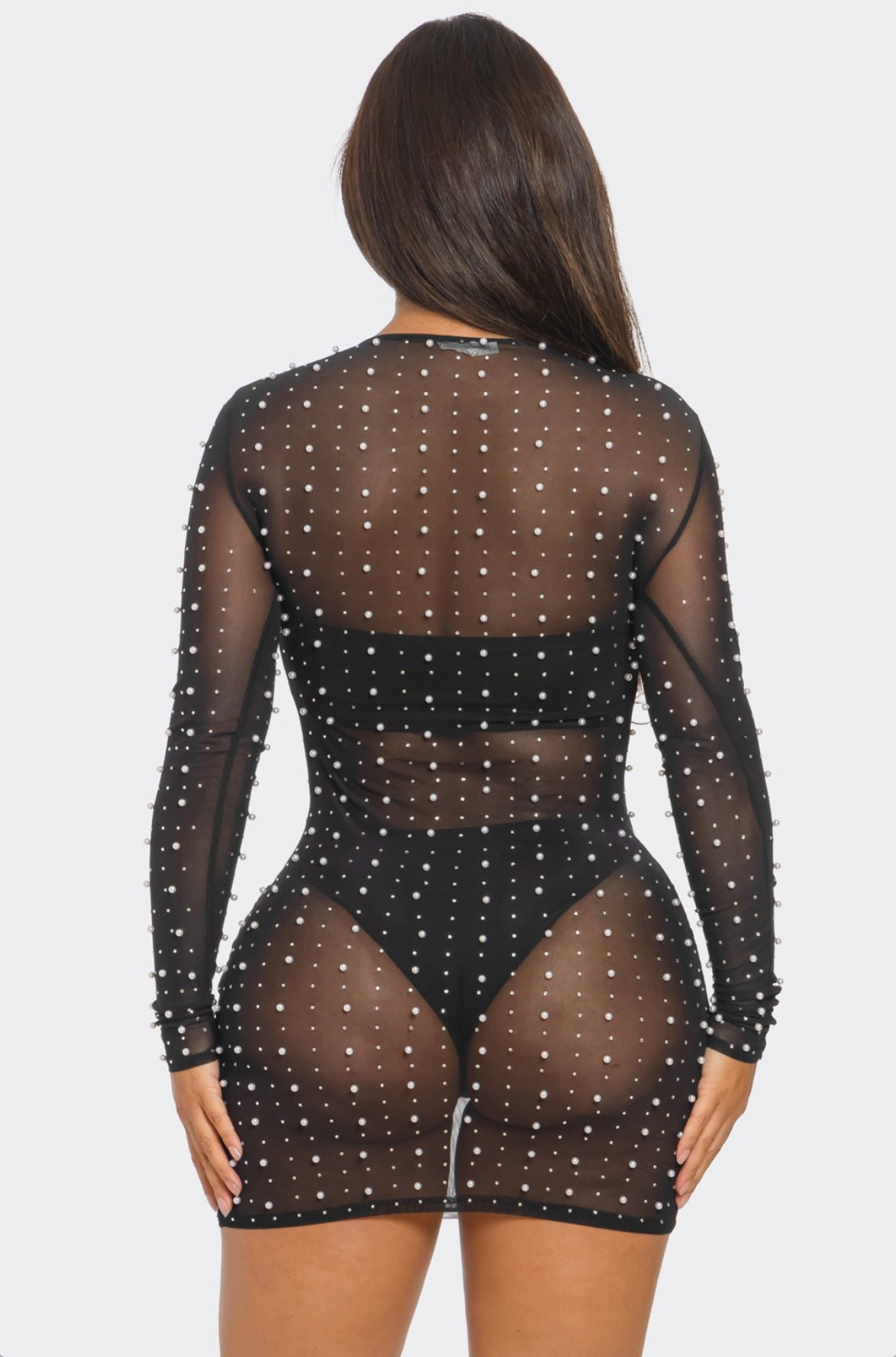 PEARL DETAIL MESH LONGSLEEVE DRESS