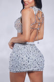 Rhinestone Mesh Crop Top and Skirt Set - SILVER