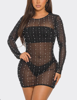 PEARL DETAIL MESH LONGSLEEVE DRESS