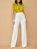 BUCKLE DETAIL HIGH WAIST PANTS- white.