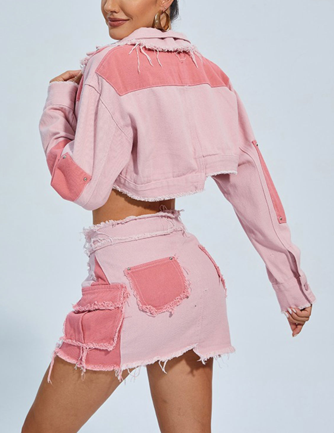 PINK CROPPED BUTTON FRONT DESIGN JACKET AND MINI SKIRT