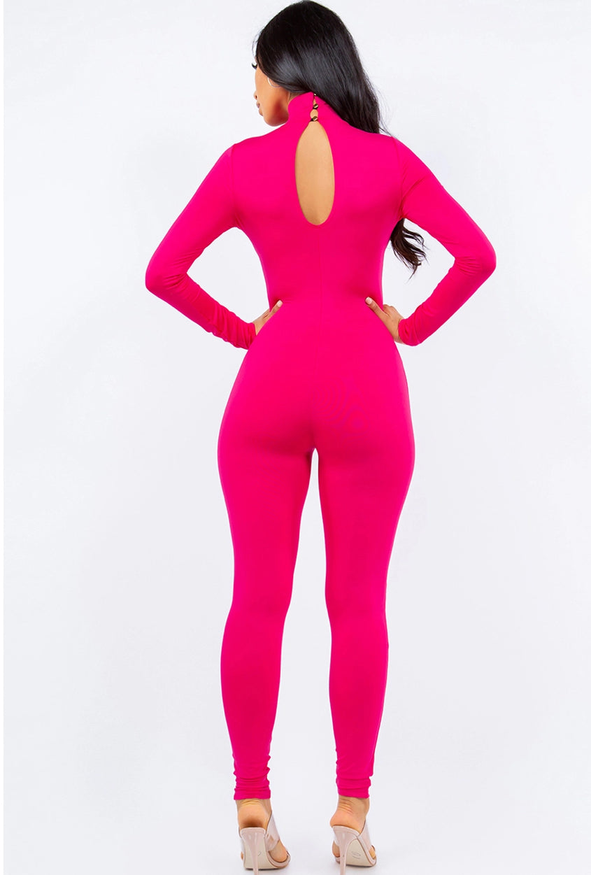 Mock Solid Jumpsuit- Fuchsia/Pink