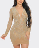 RHINESTONE EMBELLISHED LONG SLEEVE BODYCON DRESS -Nude