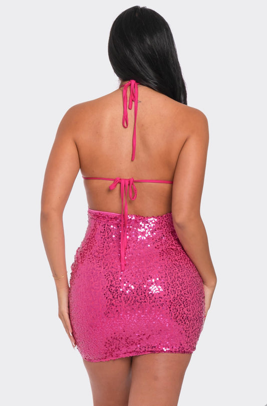 HALTER NECK SEQUIN MINI DRESS WITH BACK TIE