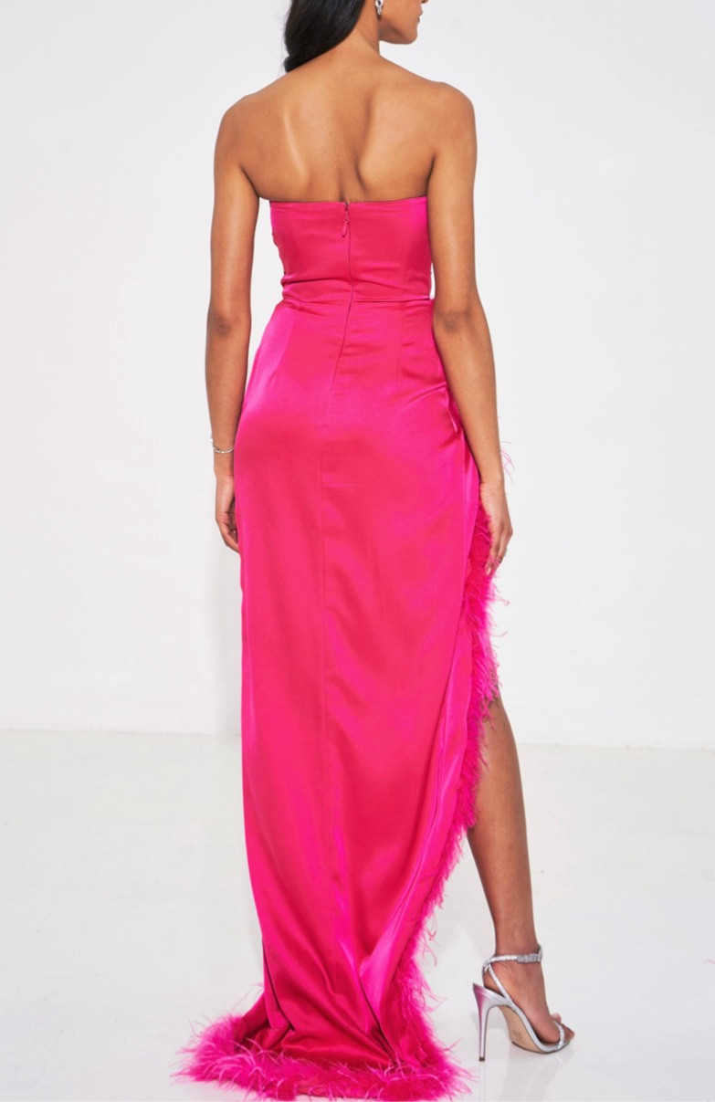 Fuchsia Feather High Slit Gown