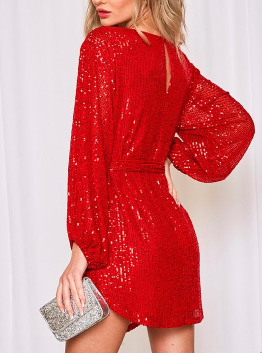 Round Neck Balloon Sleeve Sequin Dress -RED