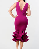 LAYERED RUFFLE HEM BODYCON MID DRESS- Magenta