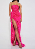 Fuchsia Feather High Slit Gown