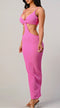 V NECK SPAGHETTI STRAP FRONT TIED KNOT CUT OUT RIBBED MIDI LENGTH DRESS Pink / Black