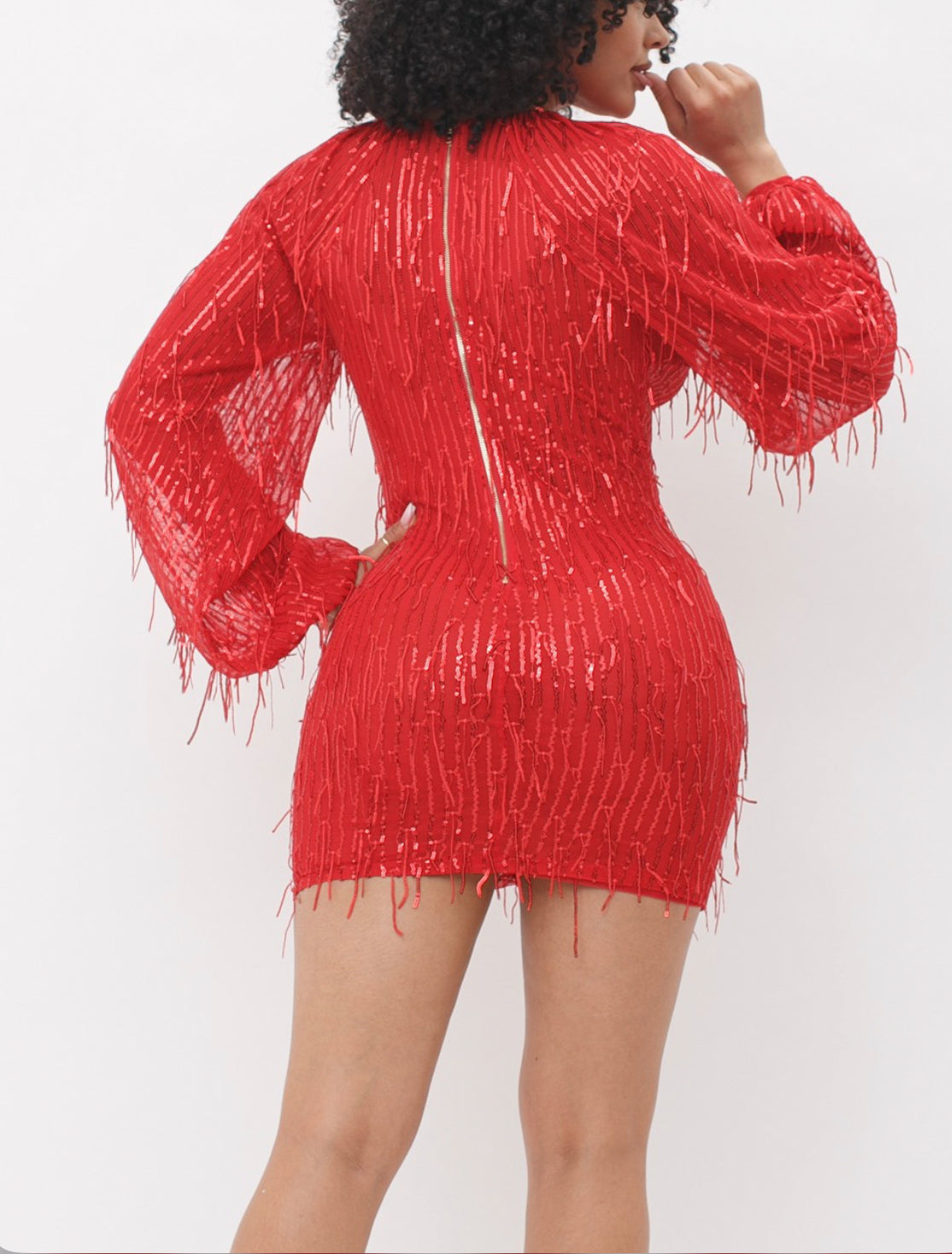 DRIP SEQUINS LONG SLEEVE MINI DRESS - RED