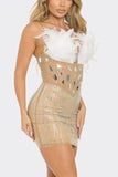 Rhinestone Feather Bodycon Mini Dress - Nude