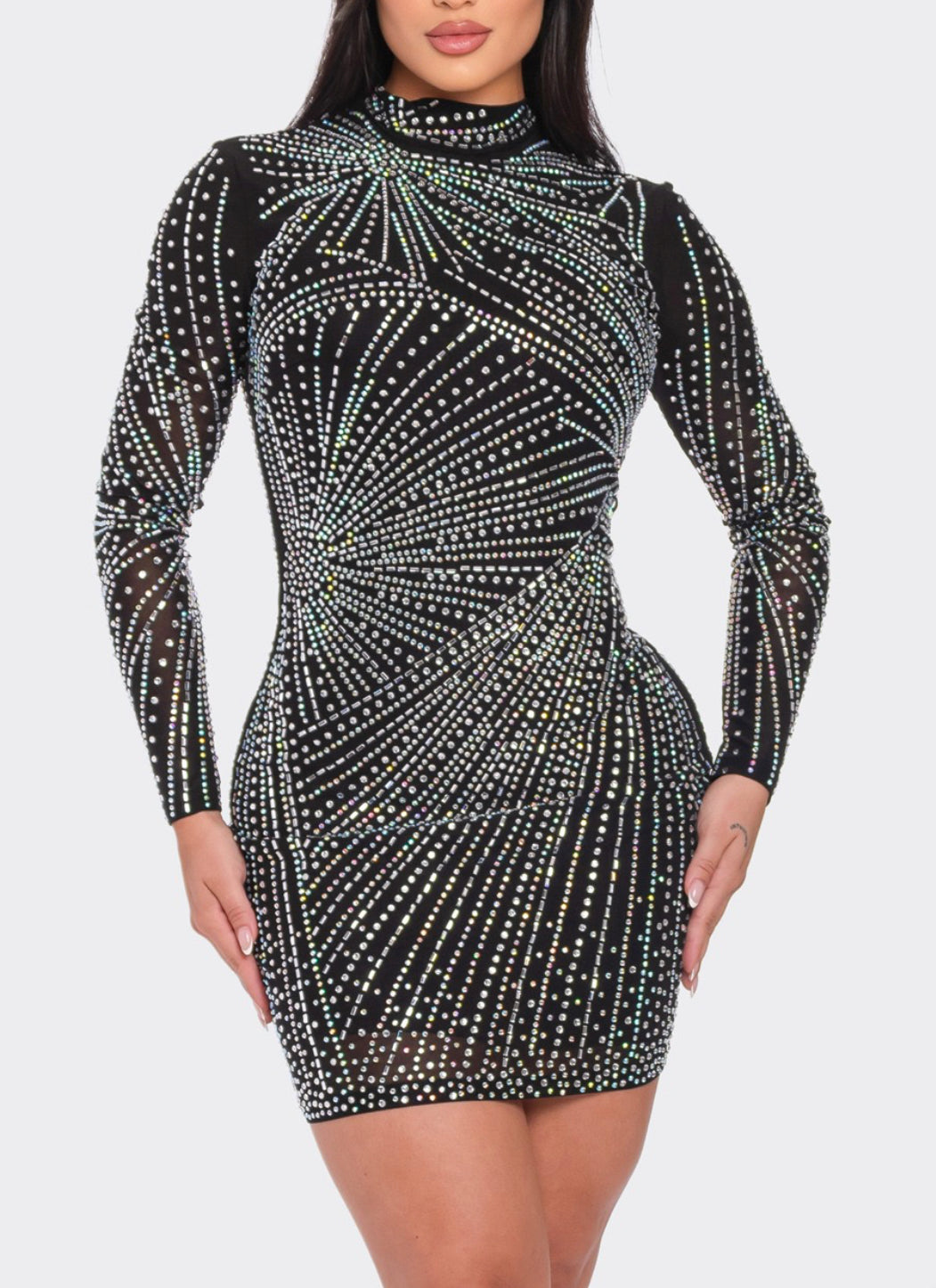 RHINESTONE MESH MOCK NECK BODYCON DRESS