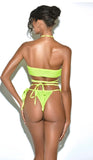 Neon Green Crystal Lace Up Bikini Set. Top&Bottom