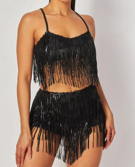 Serena Sequin Fringe Cami Crop Top & Shorts Set