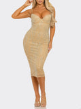 RHINESTONE/PEARL EMBELLISHED BODYCON MIDI DRESS