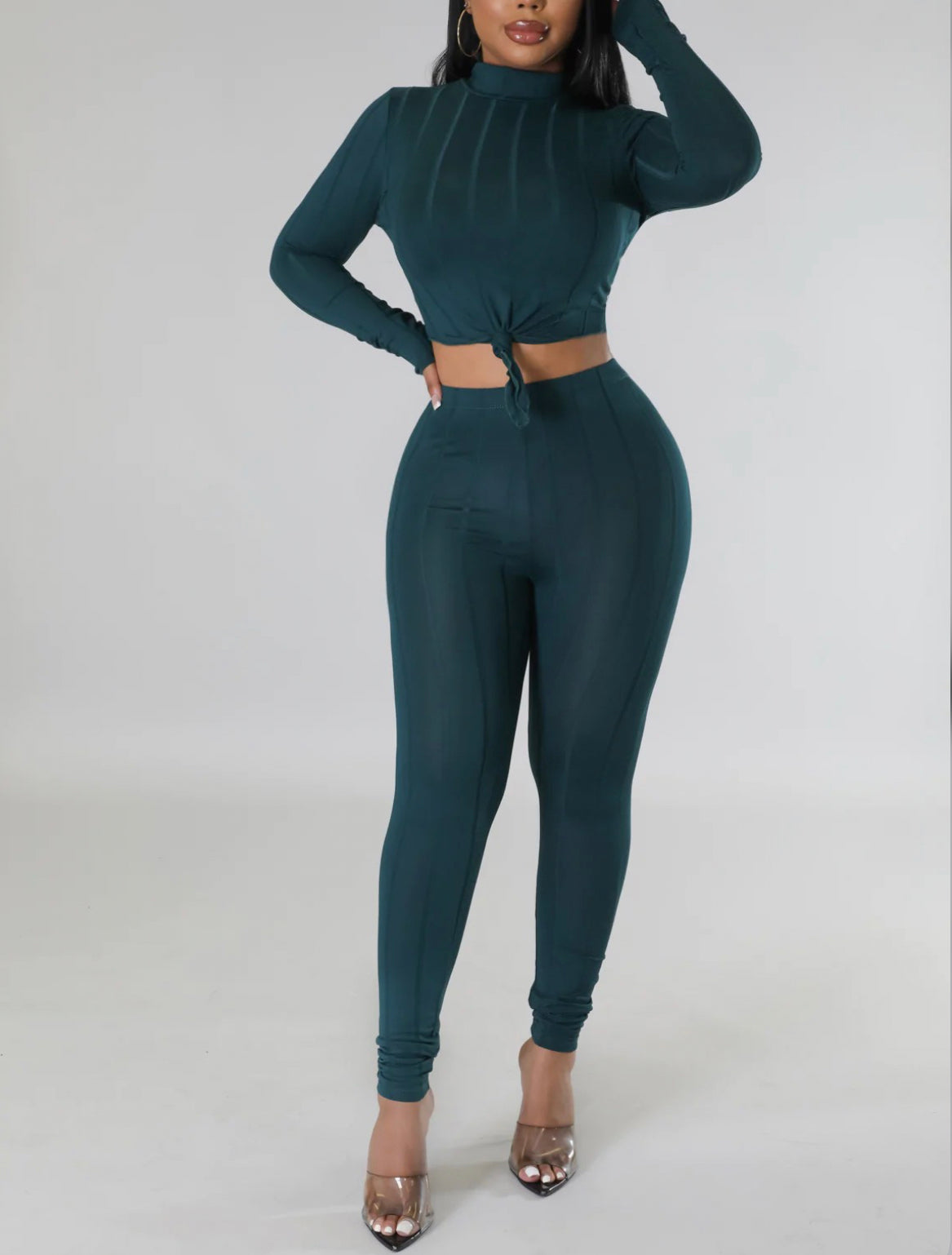 RIB MOCK NECK HI LOW TOP & LEGGINGS SET -Hunter Green