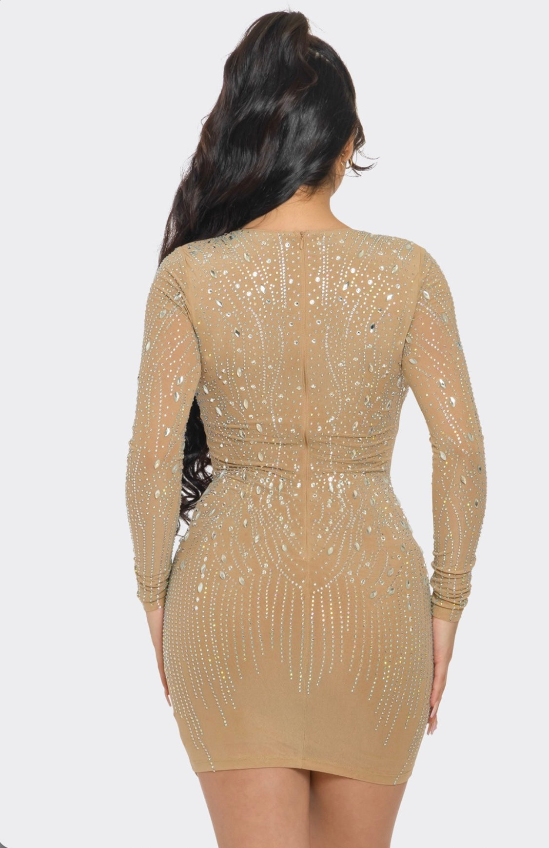 RHINESTONE EMBELLISHED LONG SLEEVE BODYCON DRESS -Nude