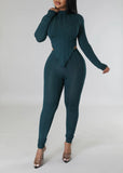 RIB MOCK NECK HI LOW TOP & LEGGINGS SET -Hunter Green