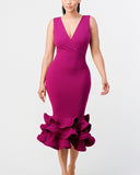 LAYERED RUFFLE HEM BODYCON MID DRESS- Magenta