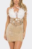 Rhinestone Feather Bodycon Mini Dress - Nude