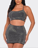 SEQUIN TIE BACK CROP TOP AND MINI SKIRT SET