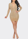 RHINESTONE EMBELLISHED LONG SLEEVE BODYCON DRESS -Nude