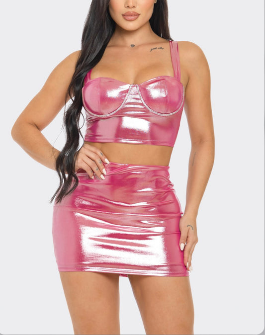 Crop Top Mini Skirt Set- pink/silver