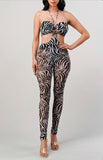 HALTER SWEETHEART BRA STRAP LINING RING TRIM IN THE MIDDLE ZEBRA MESH PRINT SIDE CUT OUT SKINNY PANTS JUMPSUIT (BATHING SUIT LINING INSIDE)