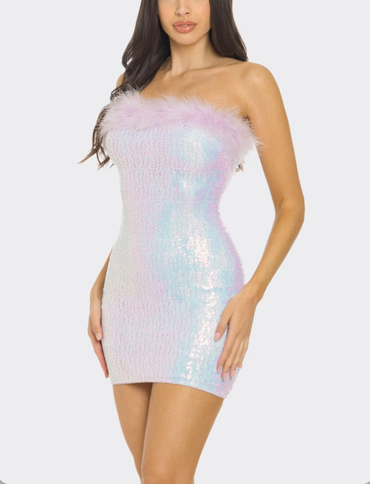 TUBE DRESS WITH FUR DETAIL - purple/pink