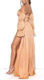 Iris Tan Off Shoulder Puff Sleeve Silk Maxi Dress