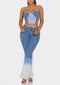 2PCS DENIM SET - TWO TONE DENIM BANDEAU TOP W/ MATCHING FLARE DENIM PANTS - FEATHER DETAILS