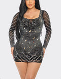 RHINESTONE/CUT MIRROR EMBELLISHED MINI DRESS