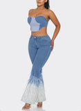 2PCS DENIM SET - TWO TONE DENIM BANDEAU TOP W/ MATCHING FLARE DENIM PANTS - FEATHER DETAILS