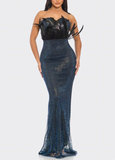 SPARKLY BLUE RHINESTONE OFF SHOULDER FEATHER DRESS