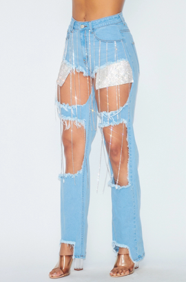 Happy Hour Rhinestone Fringe Denim Jeans Pants